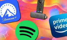 Spotify, Prime Video, and Paramount+ logos with Amazon Fire TV Stick against colorful abstract background