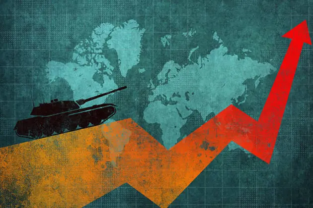 global conflict impact: tank, world map, and rising arrow