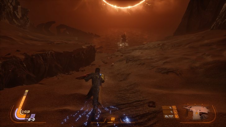 A character in the game Lords of the Fallen runs across a barren landscape under a fiery eclipse, with a user interface displaying health and navigation data at the bottom of the screen.