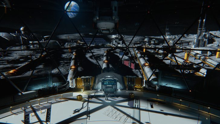 A futuristic lunar base with pipelines and infrastructure is visible from an interior observation deck under a geodesic dome, with Earth seen in the background.