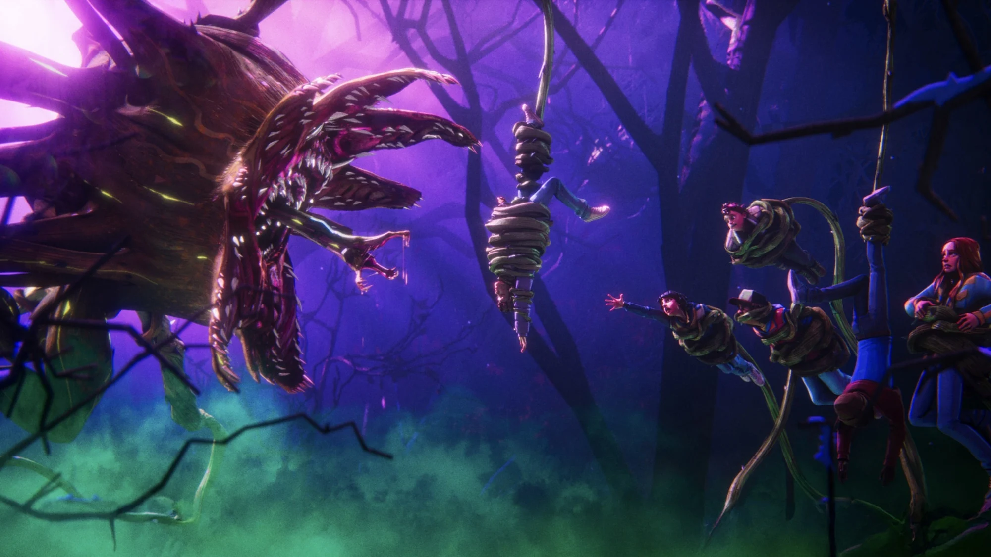 The Hawkins Party fights a massive monster in "Stranger Things: Tales From '85."