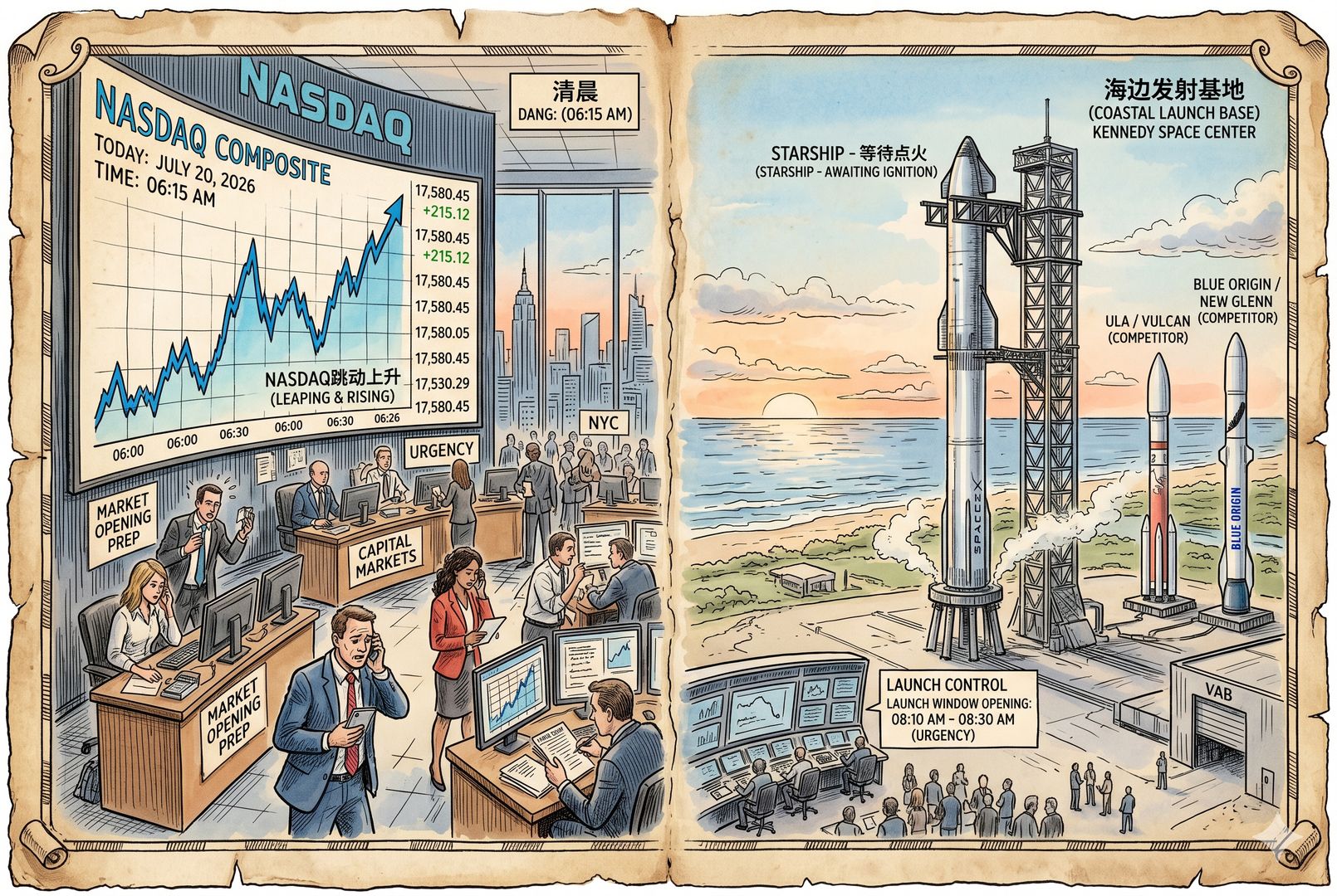 清晨的资本市场交易大厅与海边发射基地形成并置画面,一边是跳动上升的纳斯达克曲线,另一边是等待点火的星舰与逼近的竞争者火箭,空气里充满窗口期的紧迫感,羊皮纸,钢笔彩色手绘的统一风格。