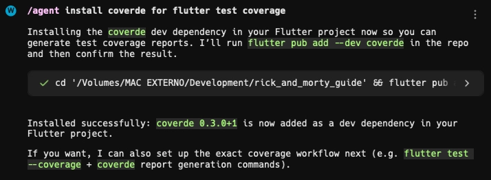 warp terminal - instalação da lib coverde em projeto flutter