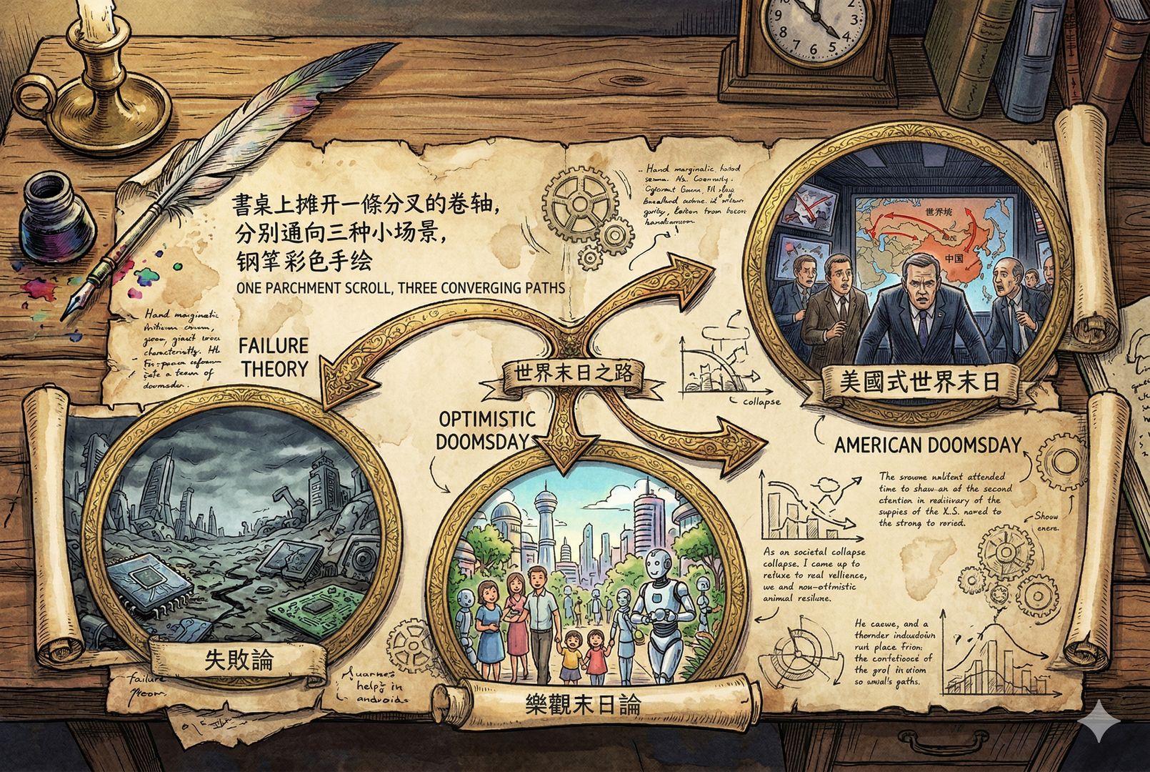 一张书桌上摊开三条分叉的卷轴,分别通向“失败论”“乐观末日论”“美国式世界末日”三个小场景:断裂的芯片、微笑使用机器人的市民、紧张注视东方地图的西方政客,羊皮纸,钢笔彩色手绘的统一风格。