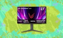 lg 27-inch ultragear oled gaming monitor against a green patterned background