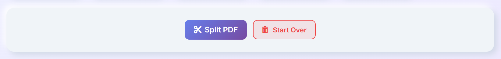 PDF splitter interface showing split PDF button and start over option