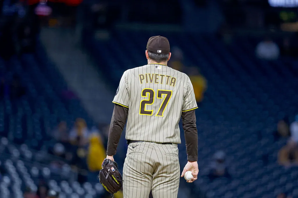 PITTSBURGH, PA - APRIL 07: Nick Pivetta #27 of the San Diego Padres reacts after giving up two runs on three hits in the fifth inning against the Pittsburgh Pirates at PNC Park on April 7, 2026 in Pittsburgh, Pennsylvania. (Photo by Justin K. Aller/Getty Images)