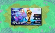 hisense tv against a green patterned background