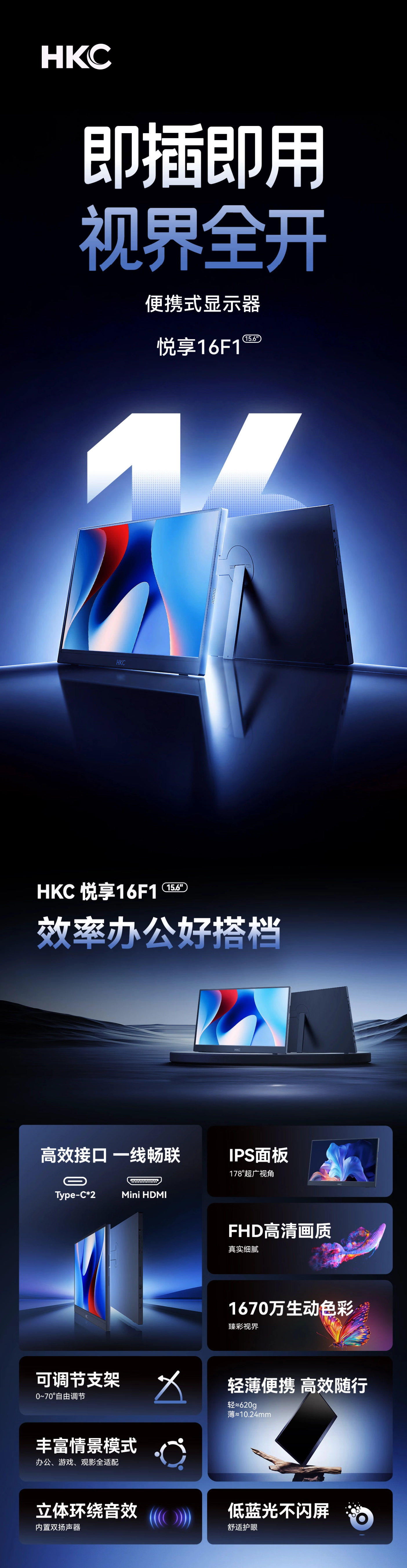 券后 349 元,HKC 15.6 英寸便携式显示器悦享 16F1 上架发售
