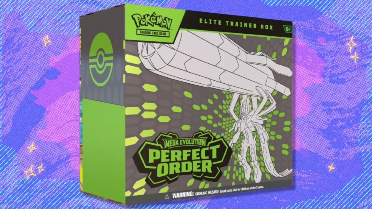 The Pokemon TCG: Perfect Order Elite Trainer Box on a purple and blue background