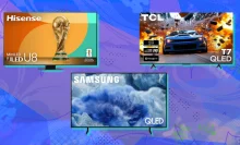 Hisense, TCL, and Samsung TVs with blue and purple abstract background