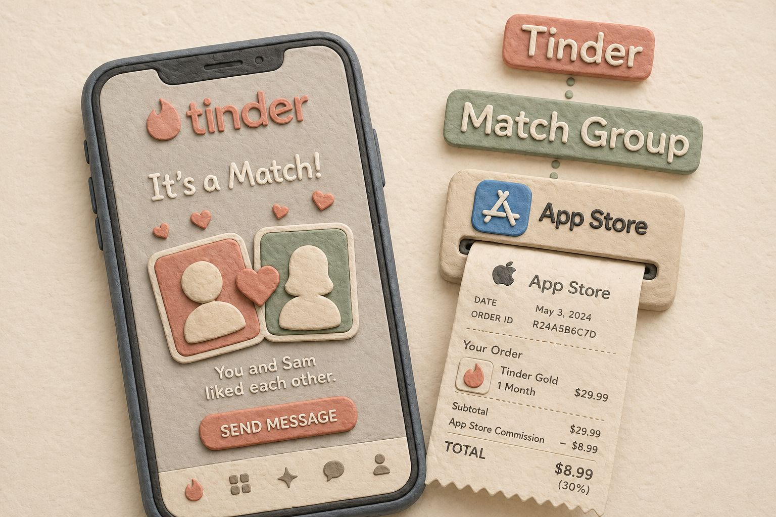 手机屏幕上显示约会软件匹配界面,屏幕上方浮着“Tinder”“Match Group”字样,另一侧是一只象征平台抽成的苹果商店小票从付款按钮上伸出,近景构图,羊皮纸,钢笔彩色手绘的统一风格。