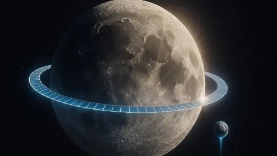 Ilustración de la Luna con un anillo de paneles solares y la Tierra al fondo en el espacio.