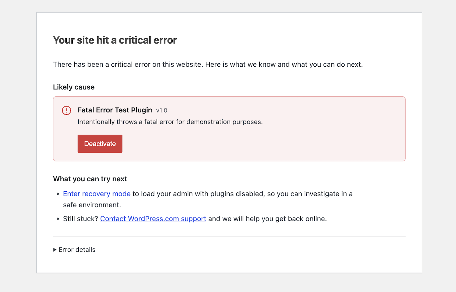 The critical error one-click disable screen on WordPress.com