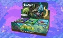 The Magic: The Gathering Secrets of Strixhaven - Play Booster Box on a purple and blue background