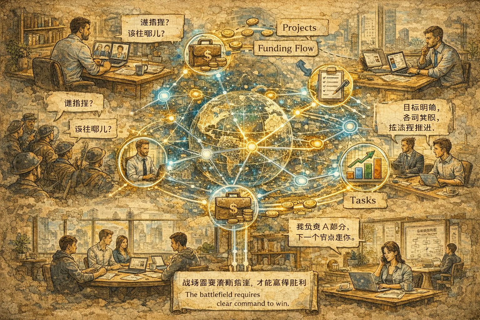 一群分散在不同地点的人没有坐在同一办公室,却通过一个发光的世界模型网络协作,节点连接项目、资金流与任务,呈现出介于公司与去中心化组织之间的新形态,羊皮纸,钢笔彩色手绘的统一风格。