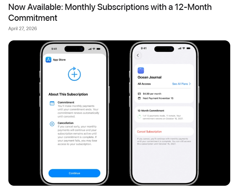 苹果 App Store 推出“12 个月分期”年度订阅,用户可随时取消但需完成已承诺期数