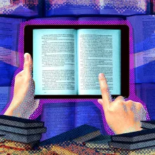 illustrated hands holding a kindle with book pages on it, surrounded by a stack of books