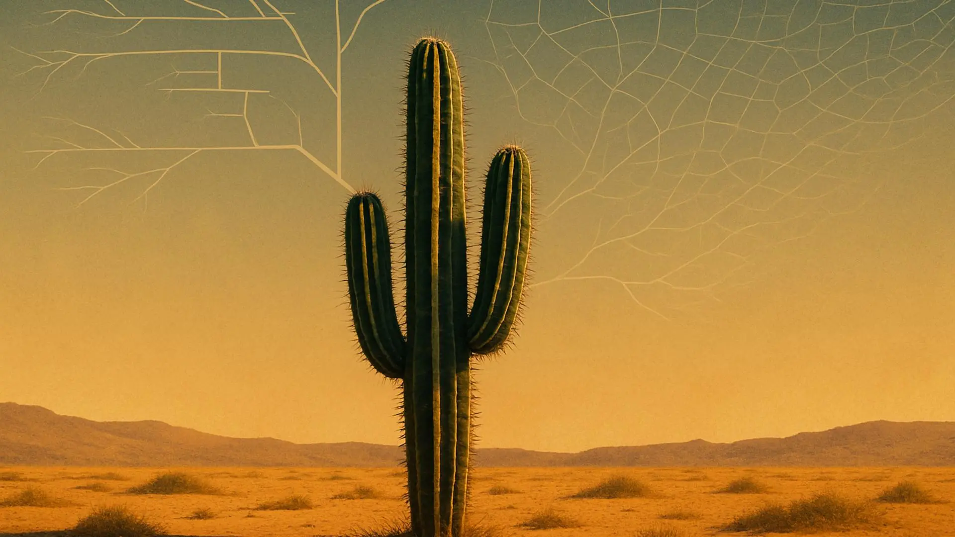 Un cactus en el desierto con un fondo que sugiere conexiones en forma de red, evocando preguntas sobre la evolución.