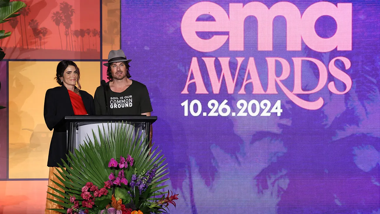 (L-R) Nikki Reed and Ian Somerhalder speak onstage during The 34th Annual EMA Awards Gala honoring Quinta Brunson, sponsored by Toyota, at Radford Studio Center on October 26, 2024 in Studio City, California.