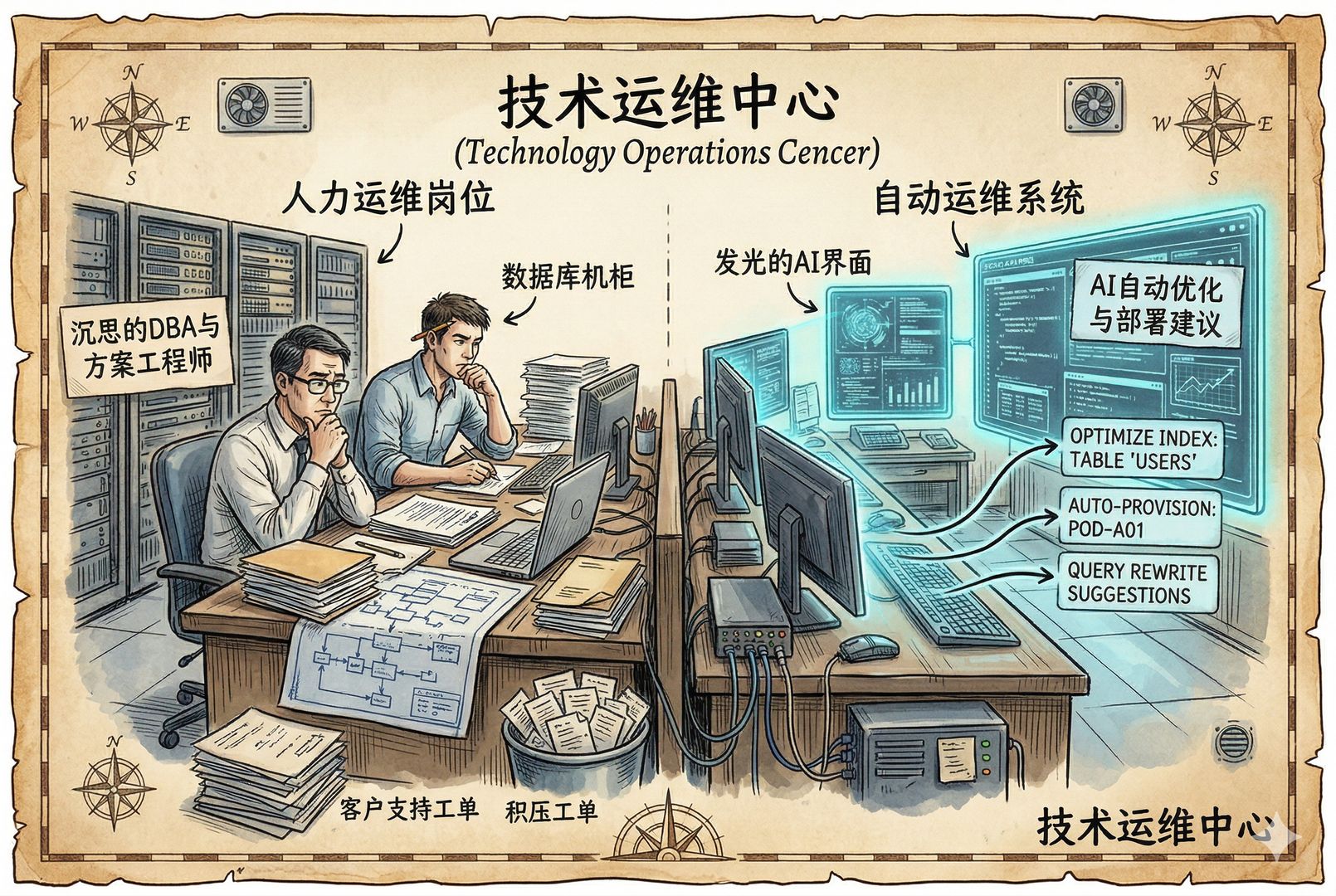 一间技术运维中心里,数据库机柜、系统流程图和客户支持工单堆满桌面,一侧是沉思的DBA与方案工程师,另一侧是发光的AI界面自动生成数据库优化与部署建议,形成岗位被替代的直接对比,羊皮纸,钢笔彩色手绘的统一风格。