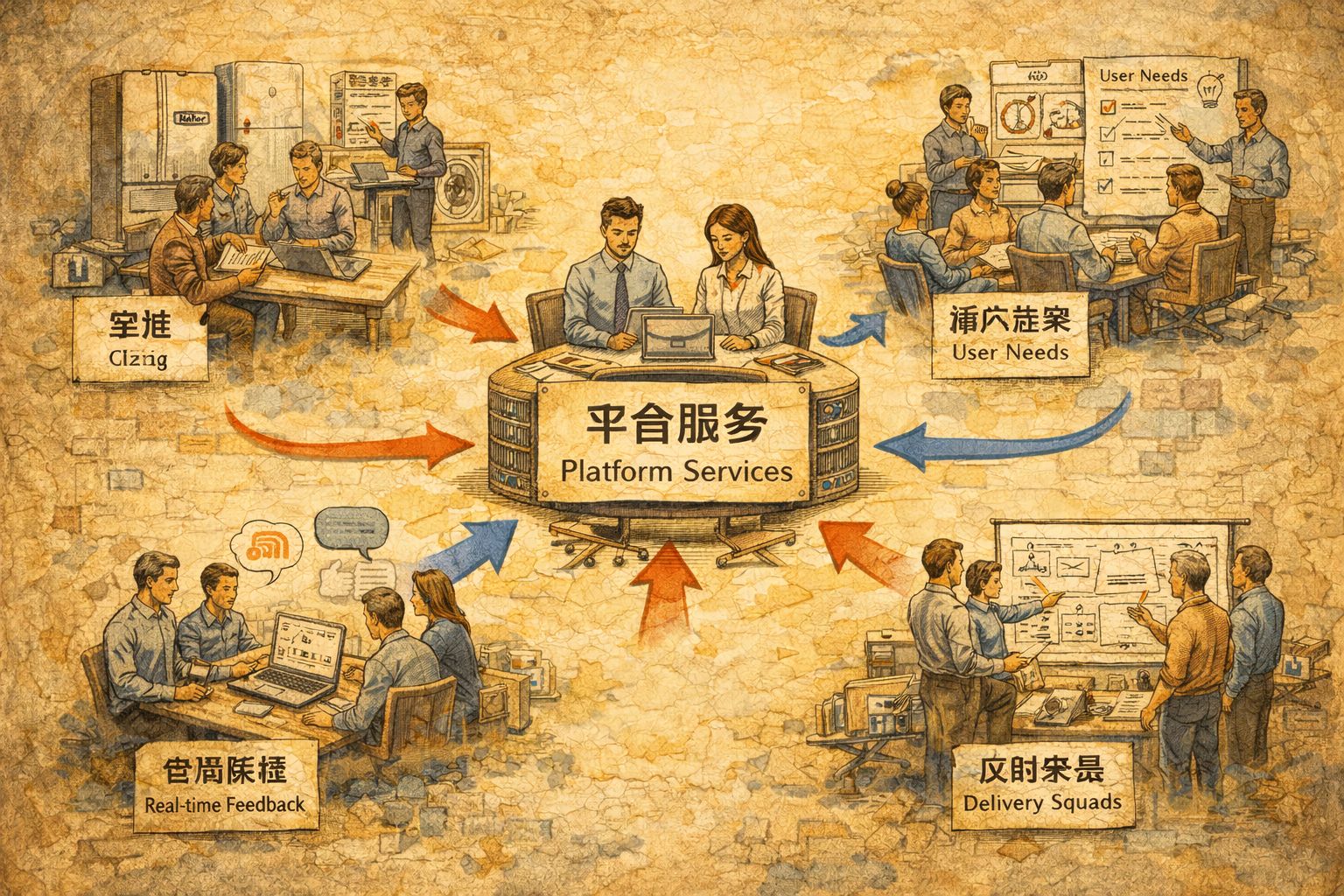 多个小型创业战队围绕一个大型平台中枢协作,中心写着“平台服务”,四周是家电、用户需求清单、交付小组和即时反馈箭头,呈现海尔式人单合一的繁忙场景,羊皮纸,钢笔彩色手绘的统一风格。