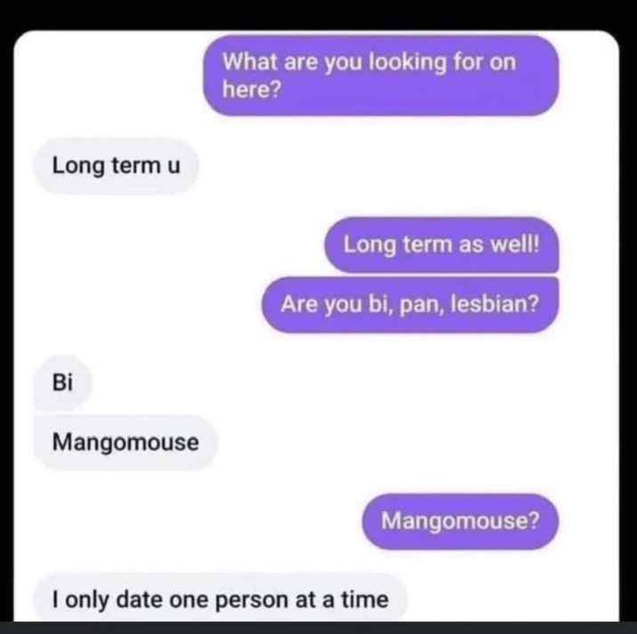 Long term u Bi Mangomouse What are you looking for on here? Long term as well! Are you bi, pan, lesbian? I only date one person at a time Mangomouse?