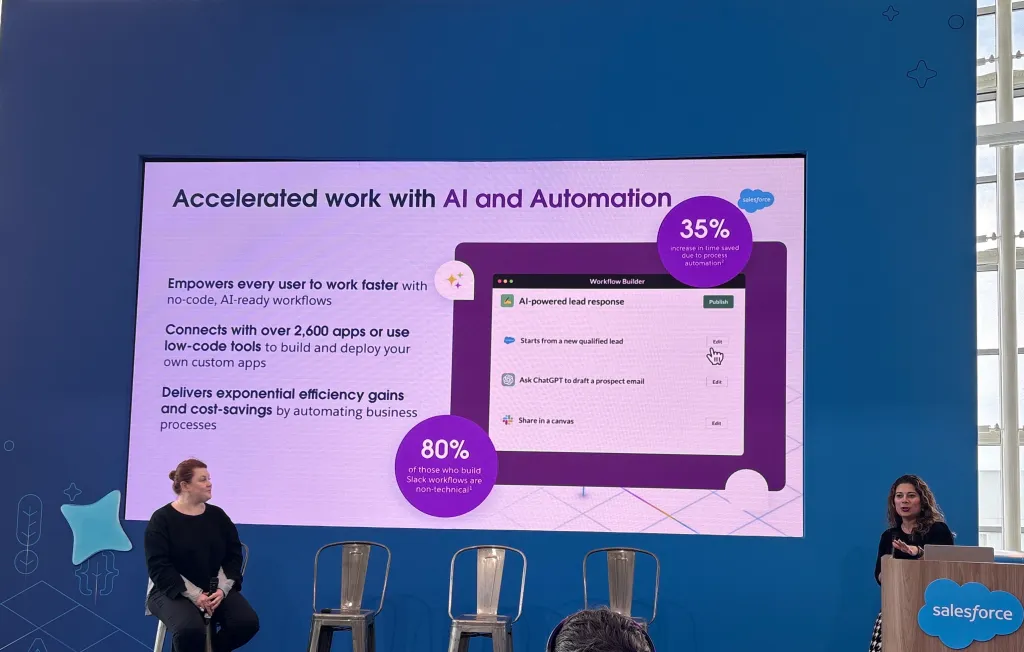  Kamilla Khaydarov (left) and Christine Soufastai Chugh demoing how Slack lets Salesforce get more done. 