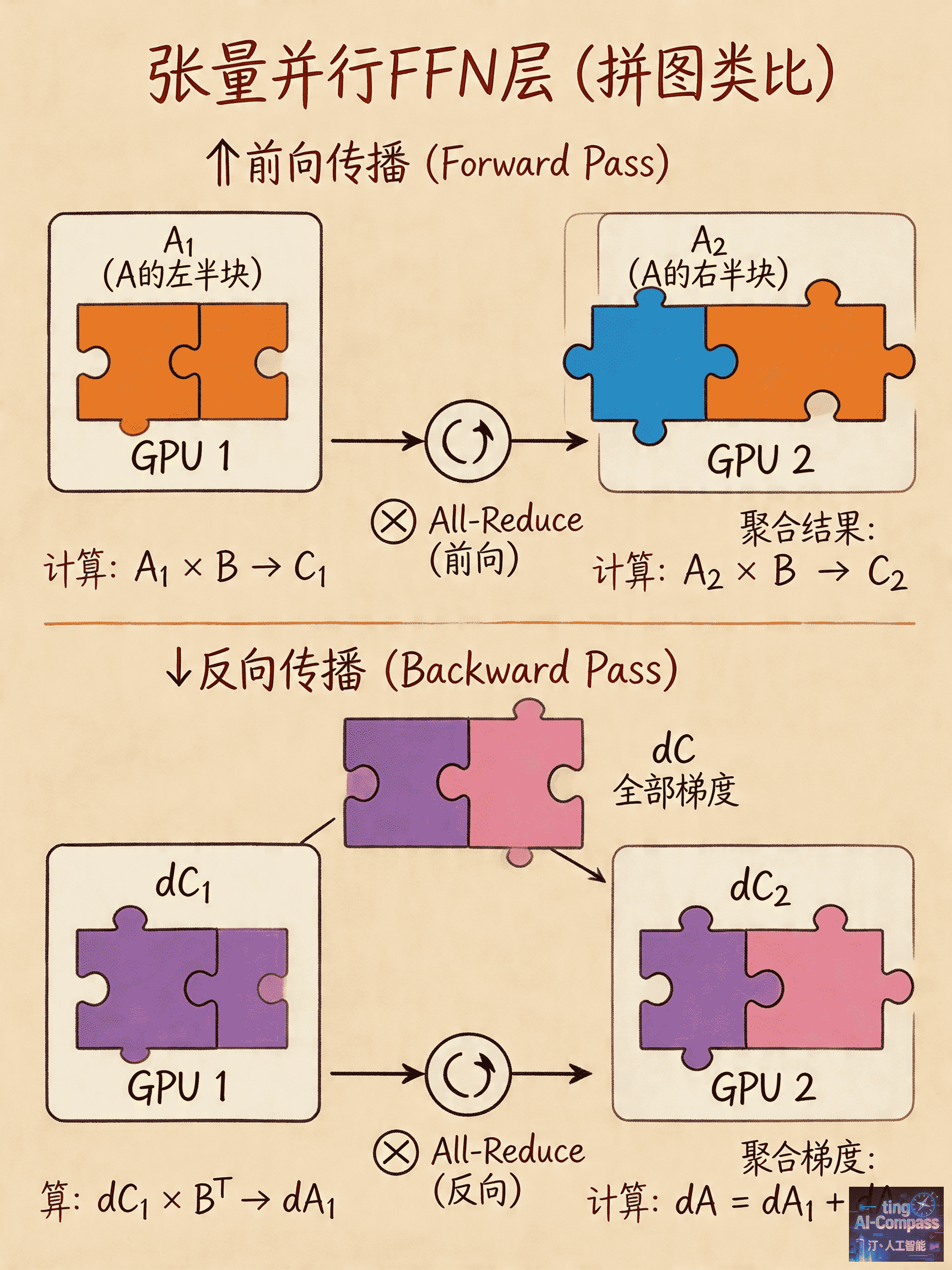 张量并行FFN层拼图类比通信流程图