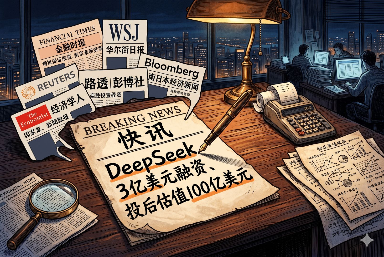 夜色中的金融新闻编辑部,一张写着“DeepSeek 3亿美元融资、投后估值100亿美元”的快讯单被按在木桌上,旁边散落放大镜、钢笔、旧式计算器和全球媒体报纸剪影,羊皮纸,钢笔彩色手绘的统一风格。