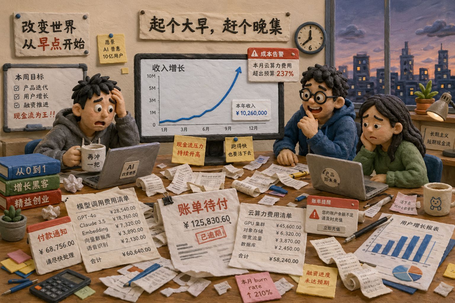 一间创业公司办公室里,四位年轻创始人围在显示器前,屏幕上是高速增长的收入曲线,但桌面上同时堆着账单、模型调用费用单和告警红字,窗外天色将晚,表现“起个大早赶晚集”的落差,羊皮纸,钢笔彩色手绘的统一风格。