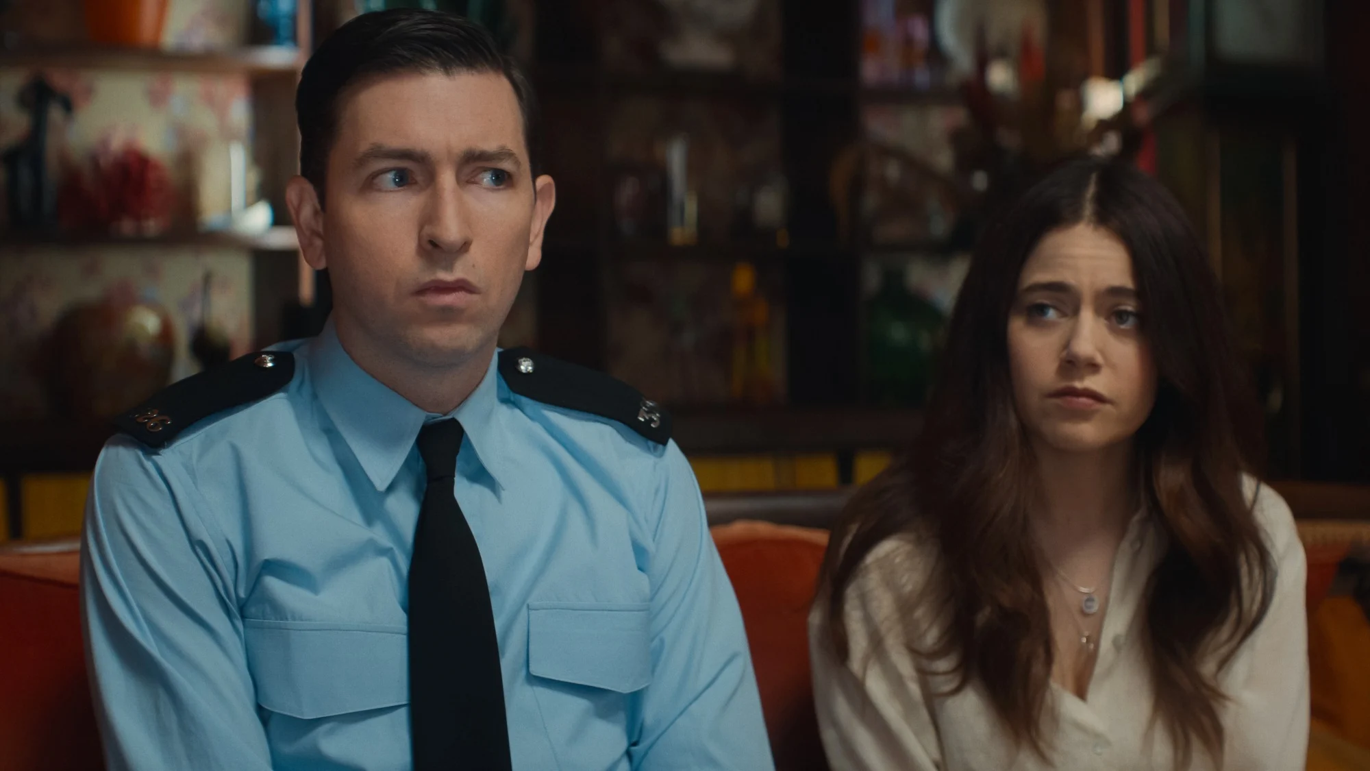 Nicholas Braun stars as Officer Tim Derry and Molly Gordon as Rebecca Hampstead in "The Sheep Detectives."
