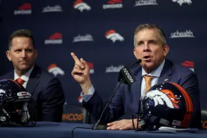 ENGLEWOOD, COLORADO - FEBRUARY 06: Denver Broncos General Manager George Paton listens as new Denver Broncos Head Coach Sean Payton fields questions from the media during a press conference at UCHealth Training Center on February 06, 2023 in Englewood, Colorado. (Photo by Matthew Stockman/Getty Images)