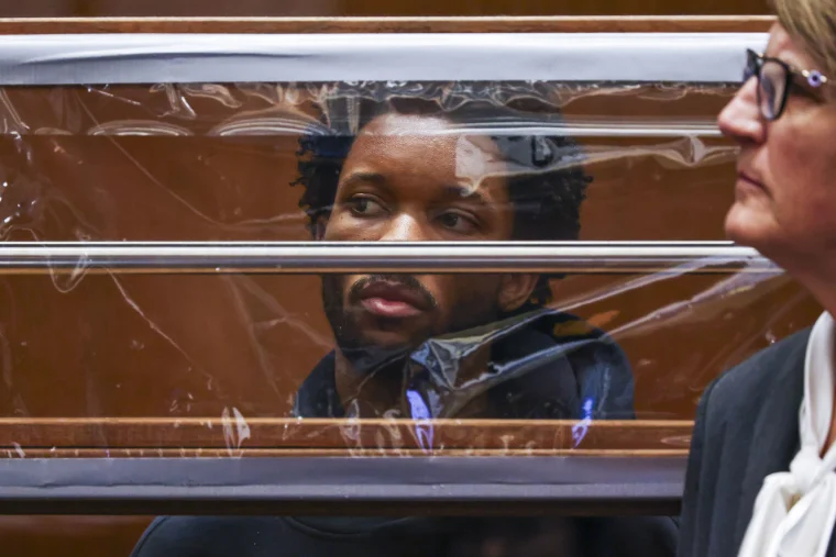 D4vd looks on from behind his defense attorney Marilyn Bednarski during his arraignment for the murder of Celeste Rivas Hernandez at Clara Shortridge Foltz Criminal Justice Center on April 20, 2026 in Los Angeles.