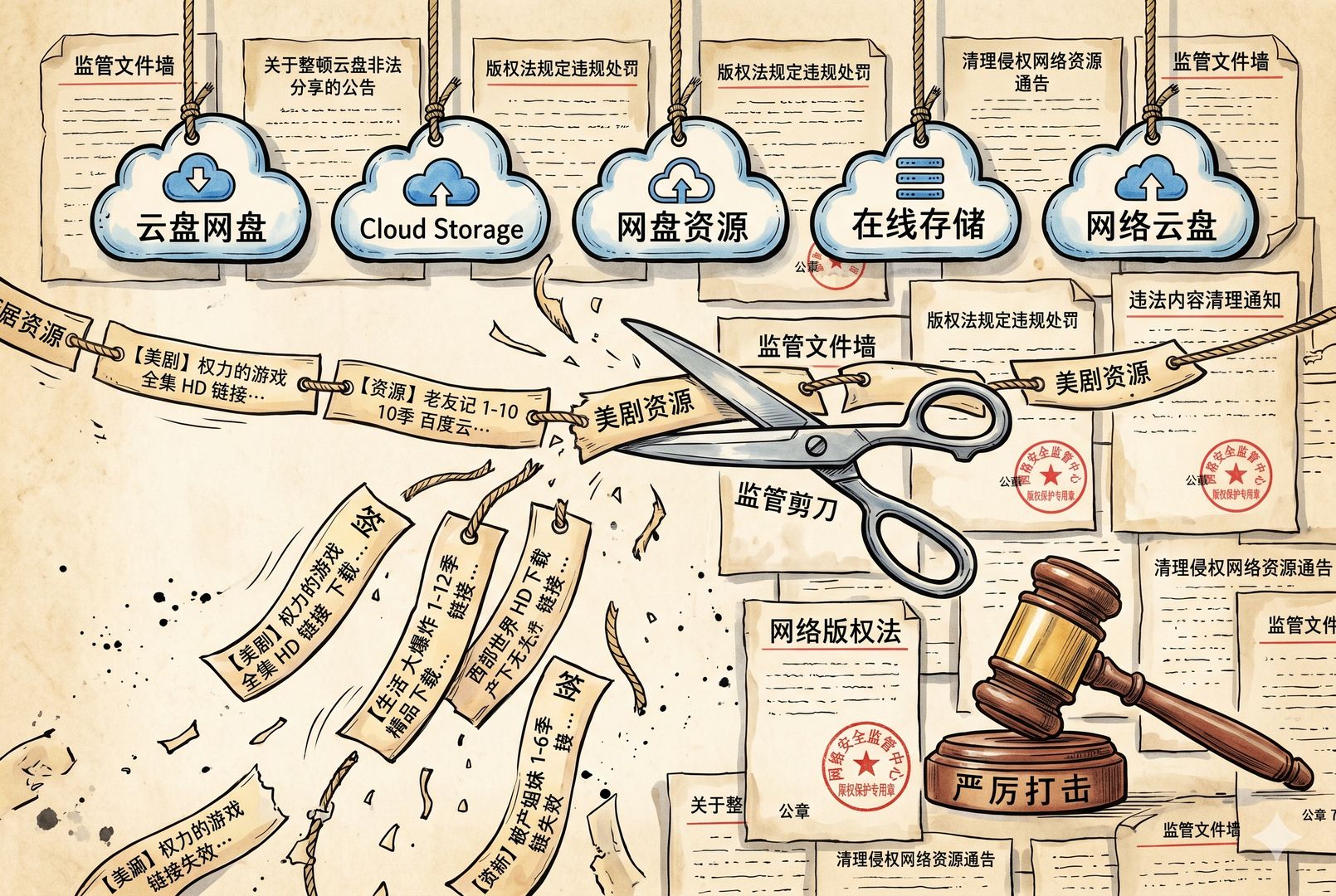 一排云盘图标悬在空中,下方成串的“美剧资源”分享链接像纸签一样被剪断坠落,背景是带公章与法槌的监管文件墙,羊皮纸,钢笔彩色手绘的统一风格。