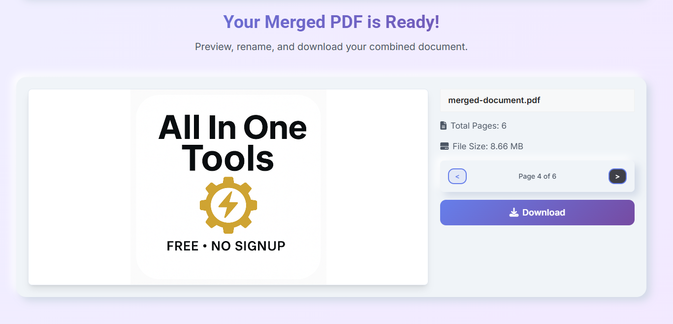 Merged PDF preview with file details and download button after combining documents