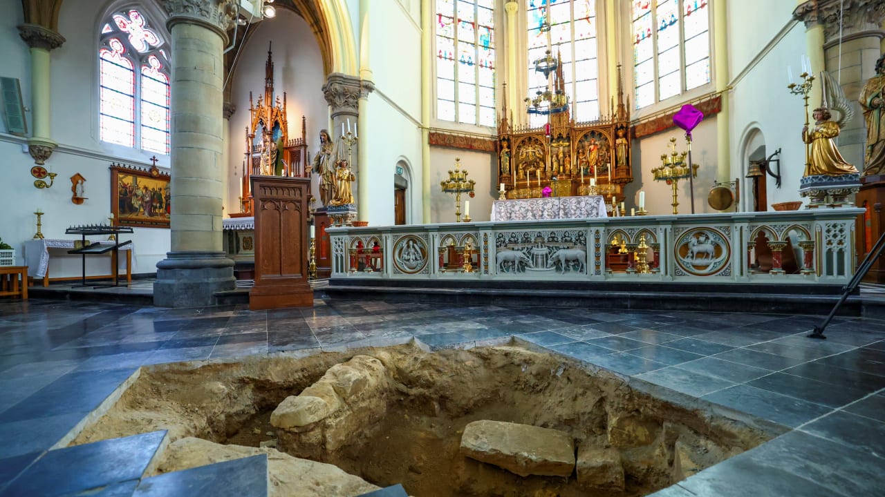 A view inside the Peter and Paul Church in Maastricht shows an excavation pit opened in the floor, where archaeologists believe they may have uncovered the skeletal remains of Charles de Batz de Castelmore, known as d’Artagnan, leader of King Louis XIV's musketeers, March 25, 2026.