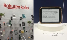 On the left, a display of Rakuten Kobo e-readers. On the right, the Author Clock.