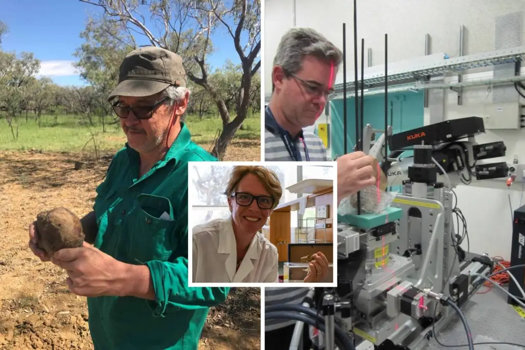 El paleontólogo Matthew Herne en el yacimiento de Muttaburrasaurus (izquierda), la coautora Vera Weisbecker en la Universidad de Flinders (centro) y Joseph Bevitt preparando un fragmento de mandíbula de Muttaburrasaurus langdoni para su escaneo en la línea de luz médica y de imagen del Sincrotrón Australiano (derecha)