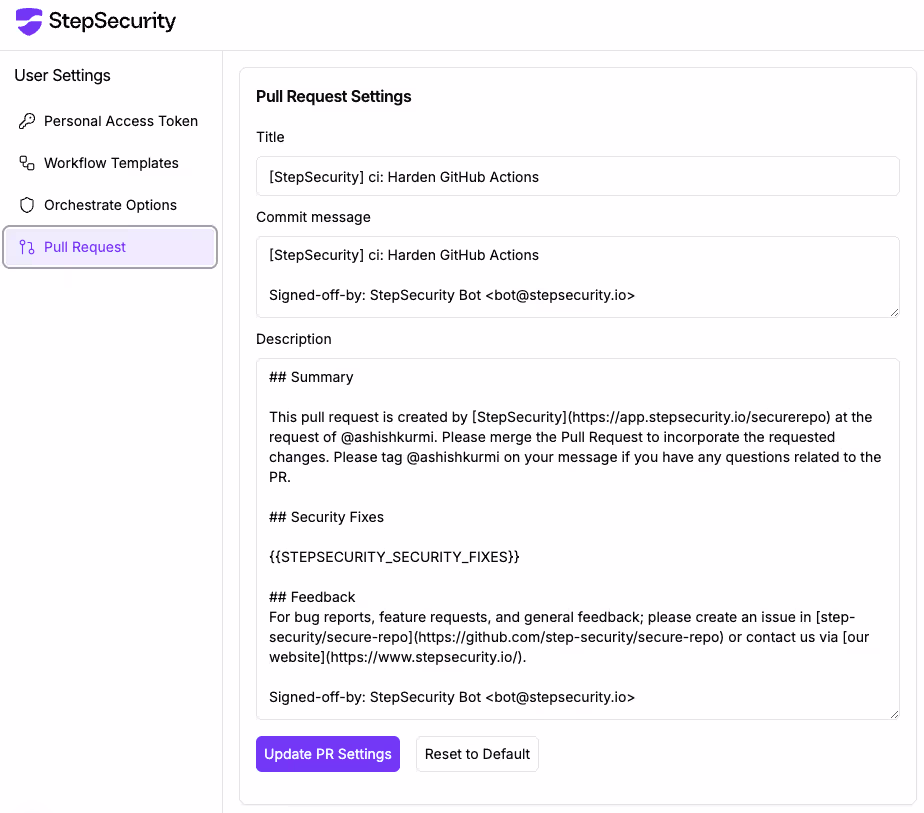 User settings to customize StepSecurity generated pull requests