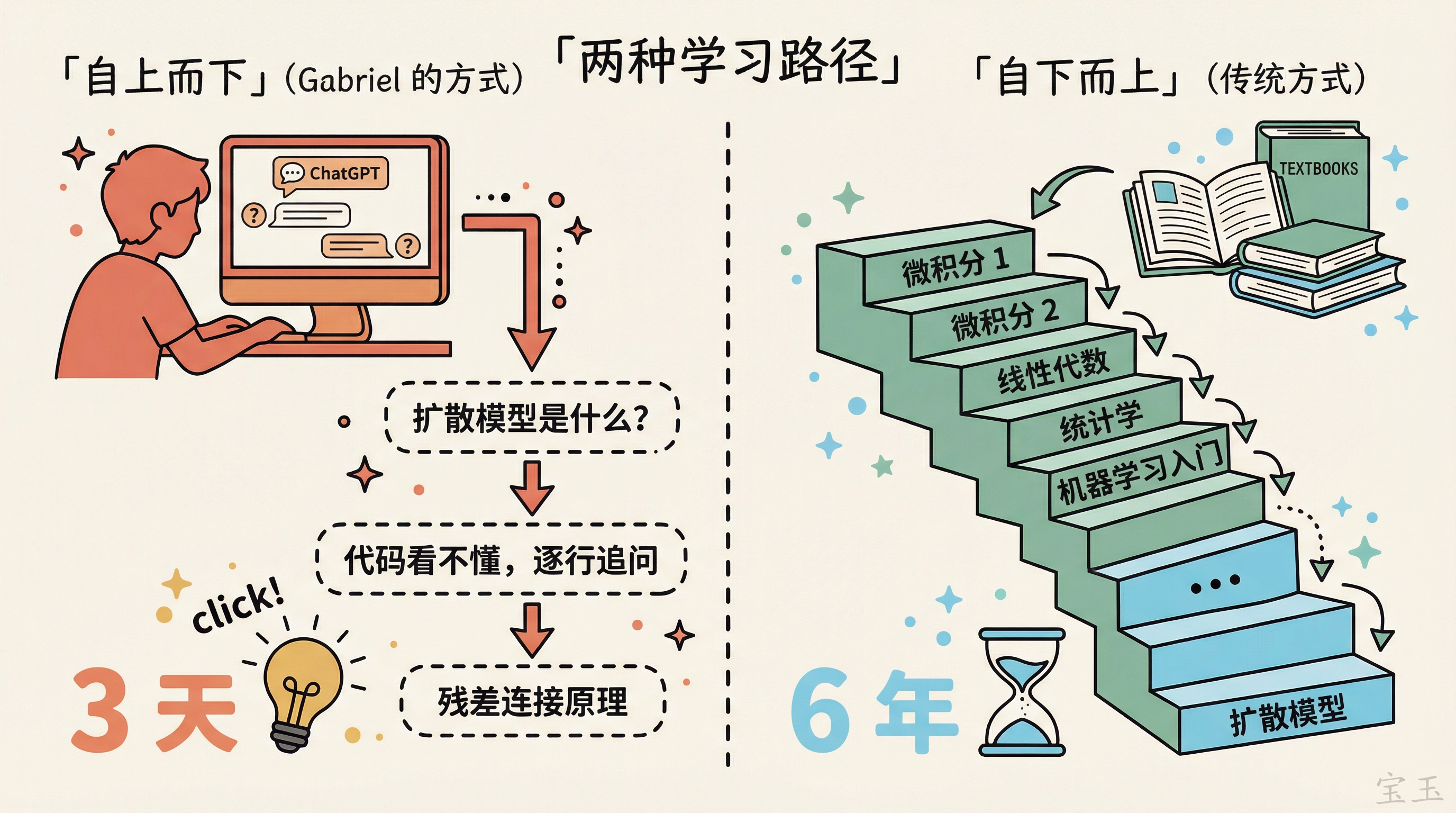 自上而下 vs 自下而上：两种学习路径对比，3 天 vs 6 年