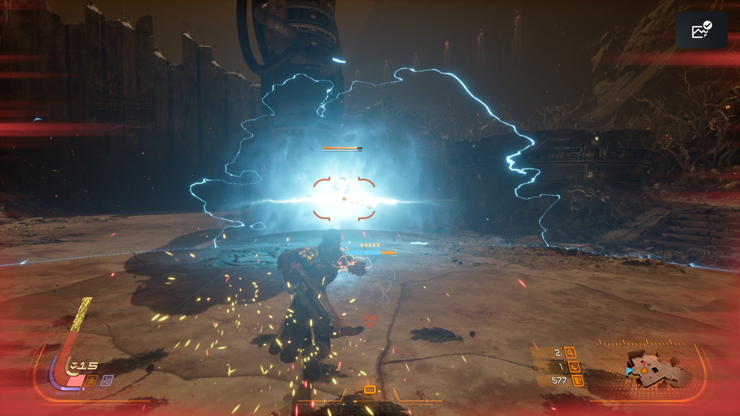 A character in an action scene from the game Saros is targeted by a crosshair with a bright explosion and HUD elements visible.