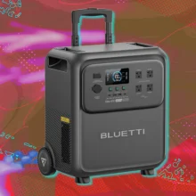 Bluetti Elite 400 portable power station with red and pink background