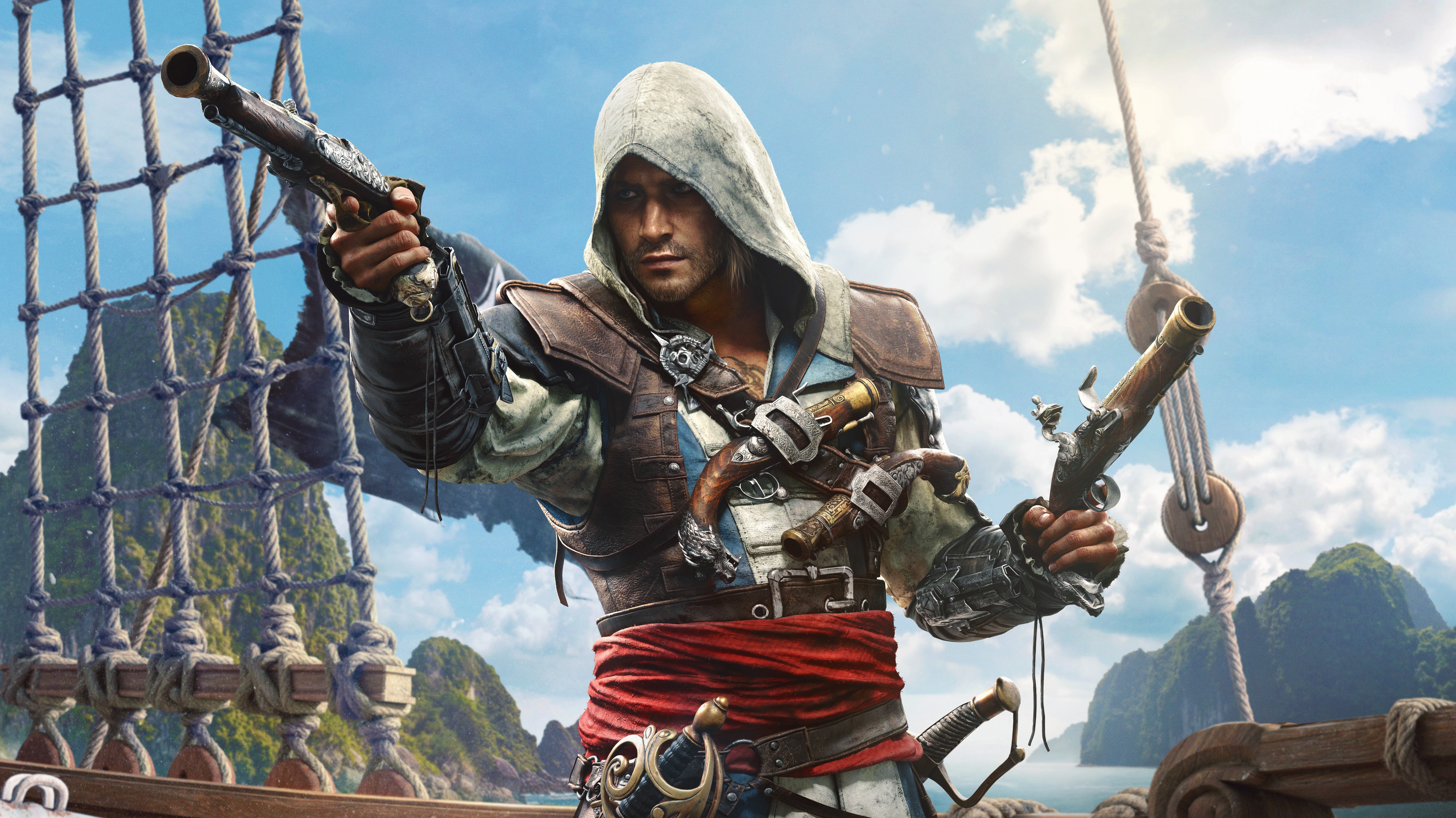 Key art from Assassin's Creed Black Flag Resynced showing Edward Kenway dual wielding pistols
