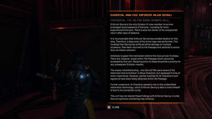 A character in a futuristic suit stands in a dimly lit room next to a screen displaying a report titled 'Evidential Analysis: Enforcer Arjun Devraj' detailing a confidential analysis for Soltari board members.