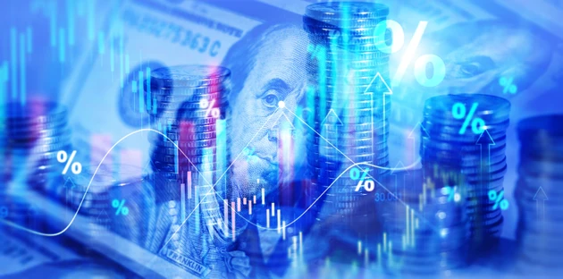 Financial investment and success market stock technology currency report.Stacks of coin with trading graph.Interest rates continue to increase, stocks and mutual funds, investment for retirement.