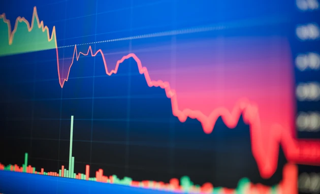 Economic 2024 stock exchange market index showing stock chart down and in red negative territory.