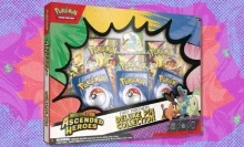 The Pokémon TCG Mega Evolution Ascended Heroes Deluxe Pin Collection on  purple, blue, and red, background