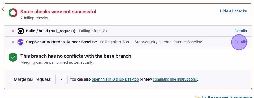 Screenshot showing Harden-Runner insights in GitHub Checks UI
