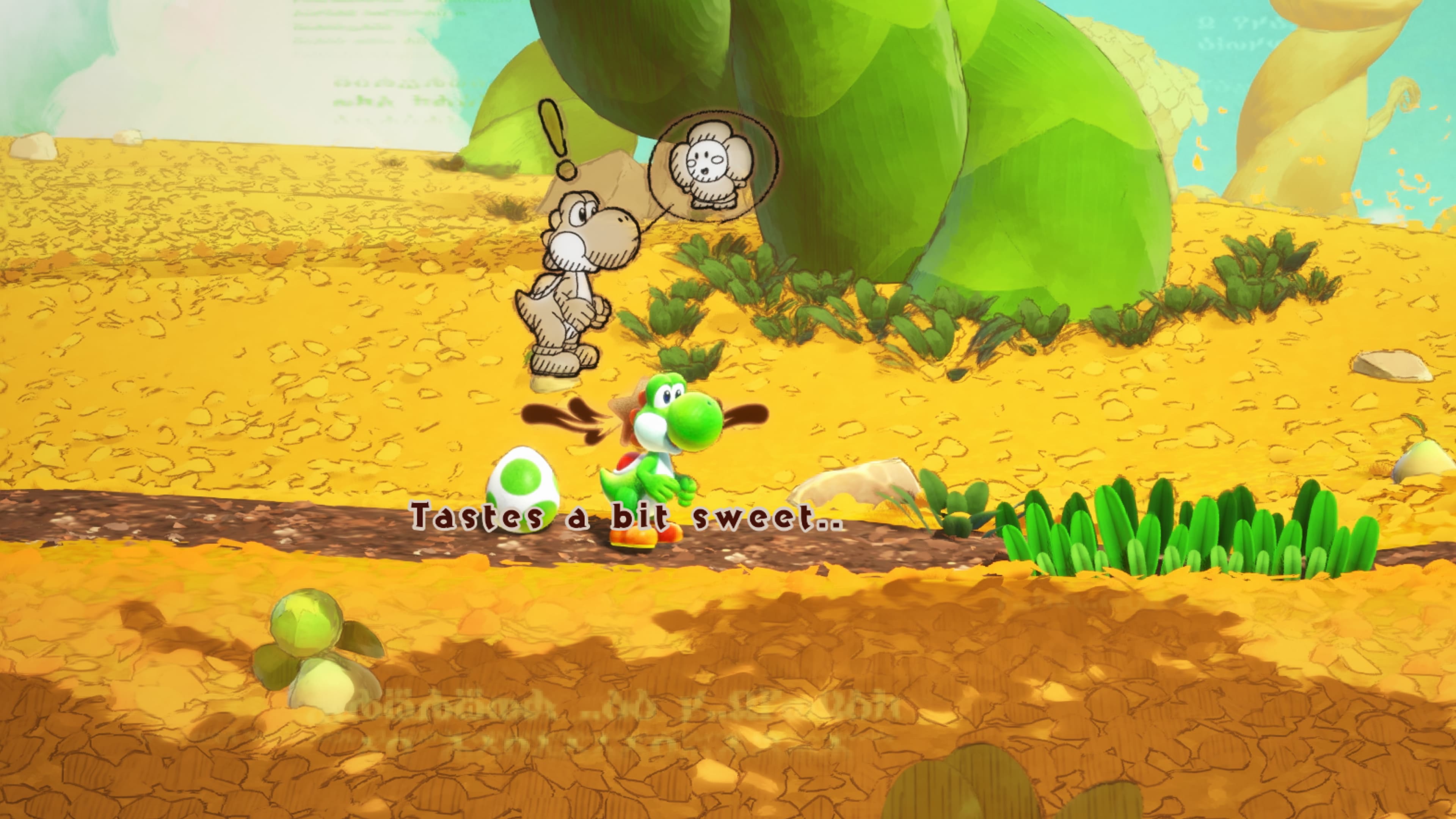 Yoshi tastes a flower-like creature in Yoshi and the Mysterious Book